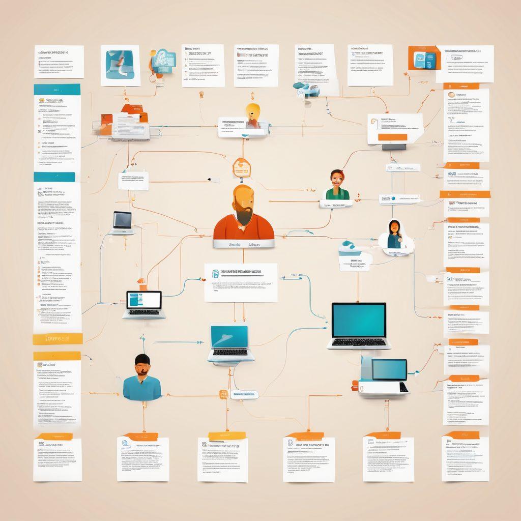 A visually captivating flowchart that illustrates the journey from concept to community in blog management, featuring diverse characters collaboratively brainstorming ideas, designing layouts, and engaging with readers. Include tools and digital elements like laptops, notebooks, and social media icons, with a bright color palette to evoke creativity and teamwork. super-realistic. vibrant colors. clean background.