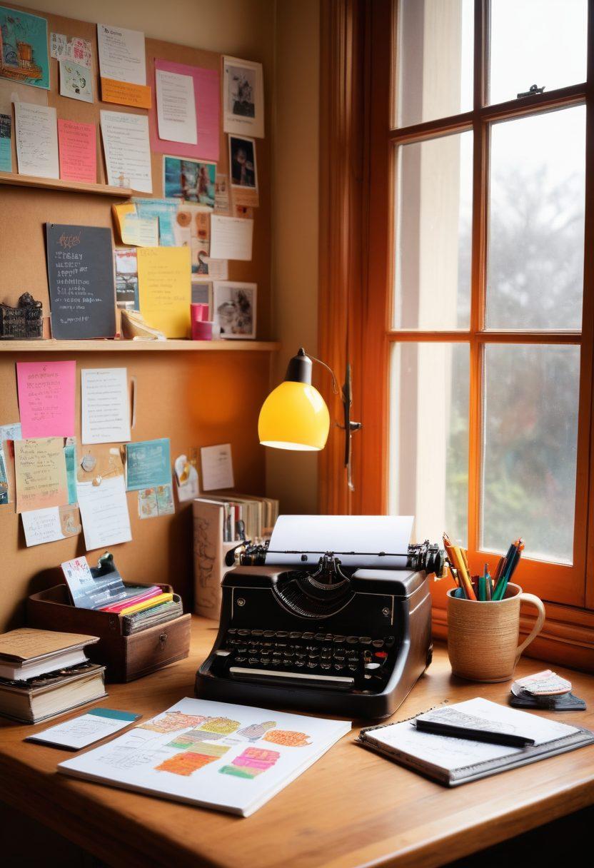 A vibrant workspace featuring a large wooden desk cluttered with colorful stationery, a vintage typewriter, and a sketchbook opened to reveal doodles and brainstorming notes. Above the desk, a wall is adorned with inspirational quotes and photographs, creating a cozy yet stimulating atmosphere. A steaming mug of coffee sits next to a laptop displaying a blog post draft. Warm natural light streams through a window, inviting creativity. super-realistic. vibrant colors. cozy atmosphere.