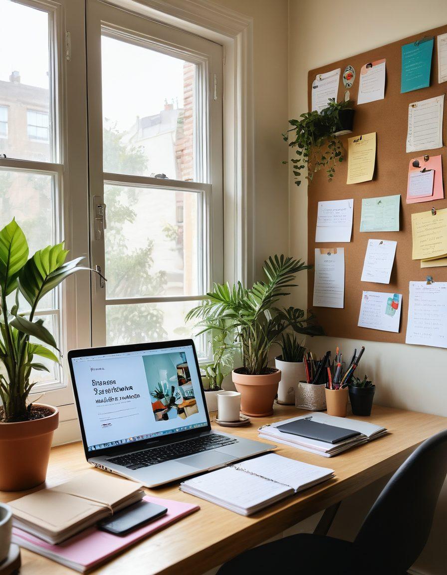 A cozy workspace with a laptop open to a beautifully designed personal blog, surrounded by notebooks and colorful stationery. Soft natural light filters through a window, illuminating a cup of coffee and a potted plant. In the background, a bulletin board displays inspirational quotes and blog ideas, creating a warm and inviting atmosphere for creativity. super-realistic. vibrant colors. cozy warmth.